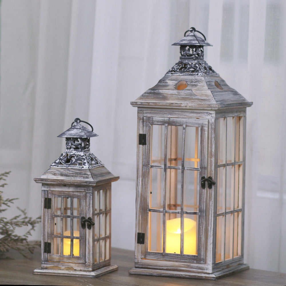 Rustic Distressed Wood Windowpane Glass Candle Lantern Set with Ornate Metal Roof Bowlift