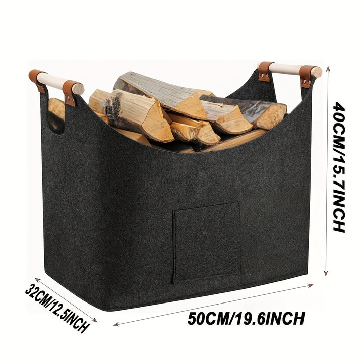 BowLift | Feldura Foldable Felt Wood Holder 55 liters with Wooden Handles and Leather Accents, Dark Gray
