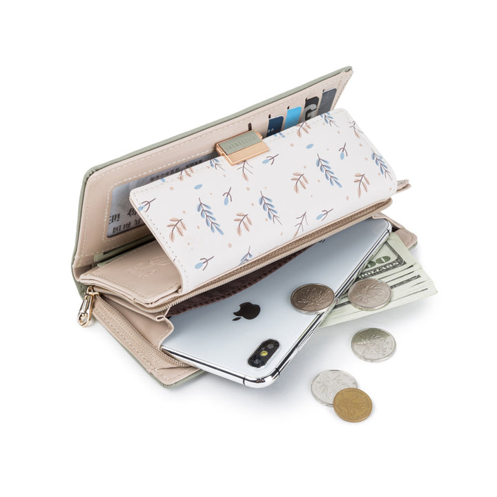 Continental floral print faux leather long wallet with organized card and coin compartments Bowlift