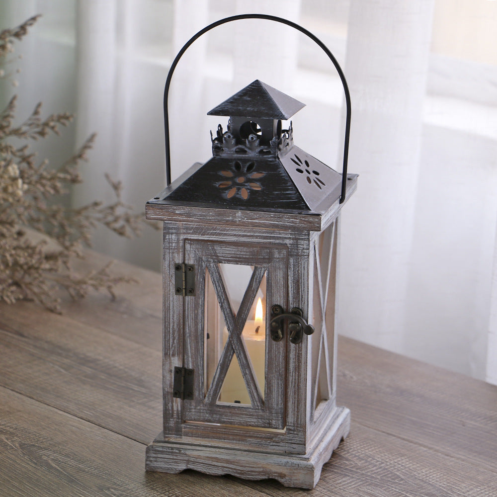 Distressed Wood Glass Candle Lantern with Perforated Metal Top and Vintage Latch Bowlift