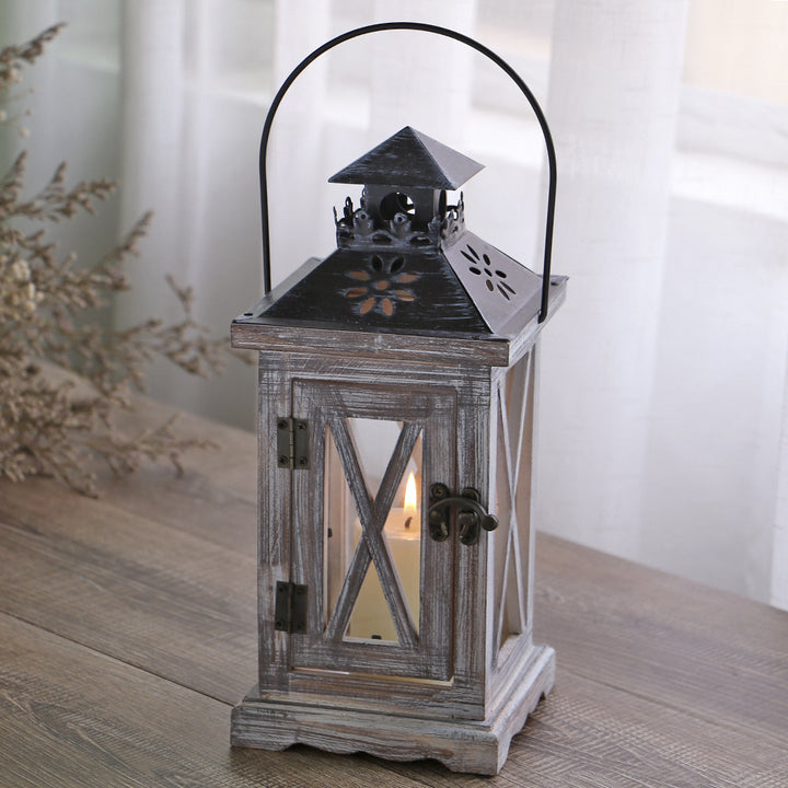 Distressed Wood Glass Candle Lantern with Perforated Metal Top and Vintage Latch Bowlift