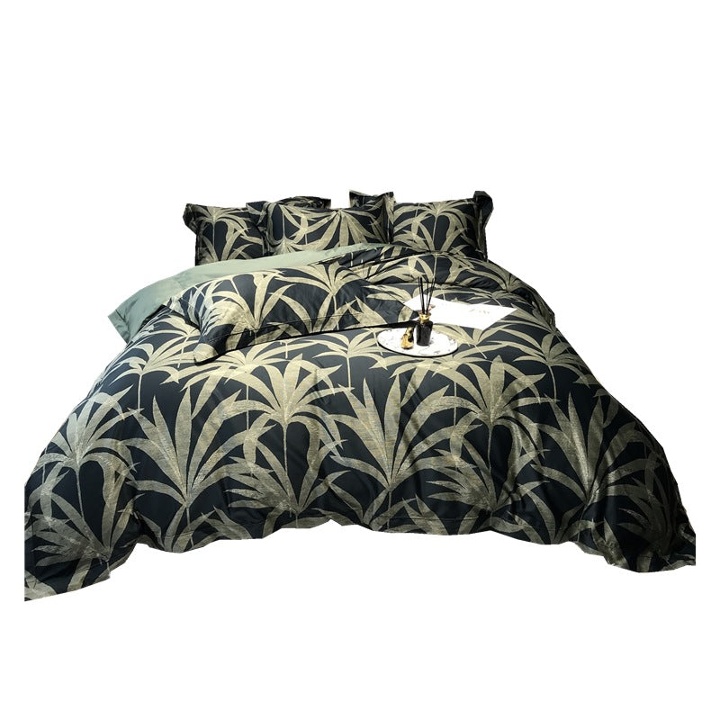 Tropical Metallic-Print Cotton Sateen Duvet Cover Set with Reversible Solid Backing