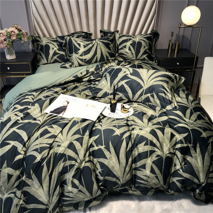 Tropical Metallic-Print Cotton Sateen Duvet Cover Set with Reversible Solid Backing