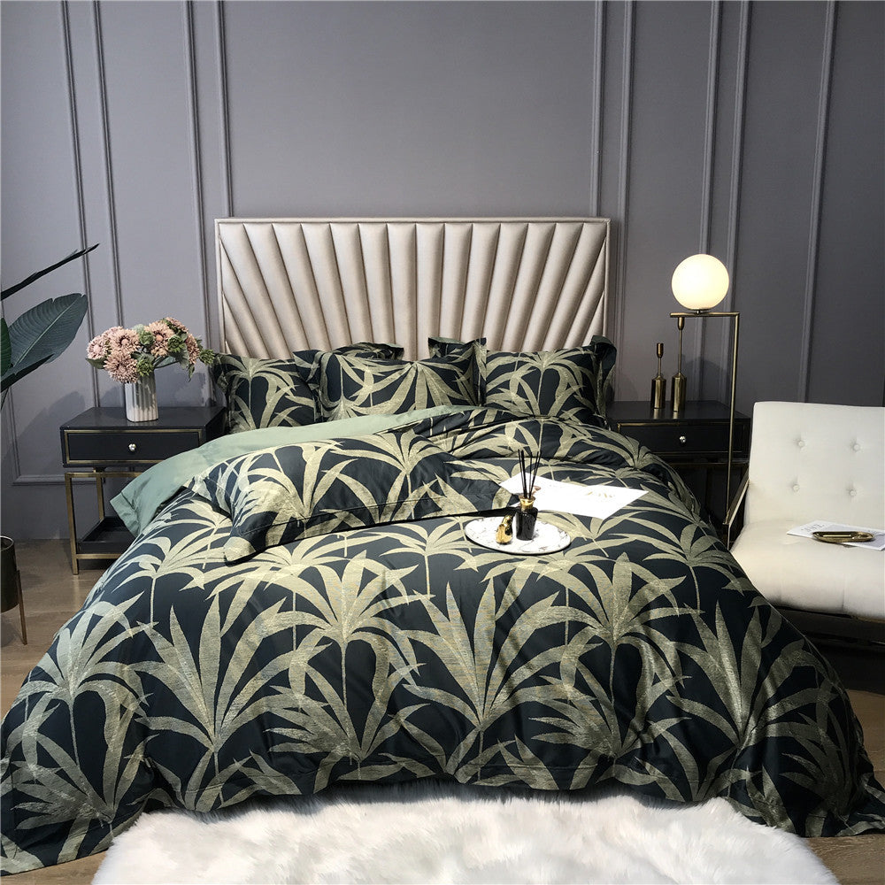 Tropical Metallic-Print Cotton Sateen Duvet Cover Set with Reversible Solid Backing
