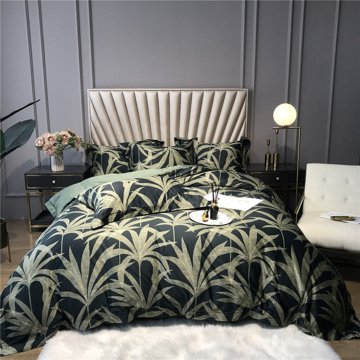 Tropical Metallic-Print Cotton Sateen Duvet Cover Set with Reversible Solid Backing