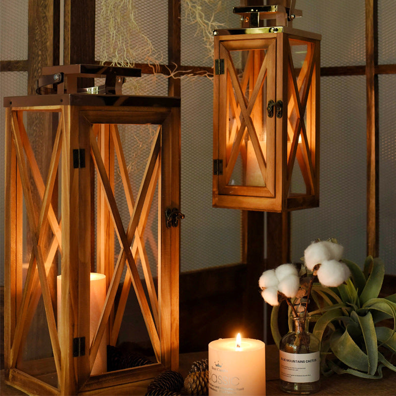 Handcrafted Cross-Frame Glass Lantern Candle Case with Hinged Door Bowlift