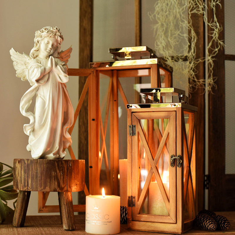 Handcrafted Cross-Frame Glass Lantern Candle Case with Hinged Door Bowlift