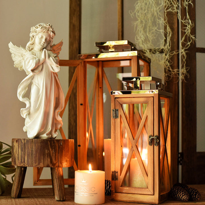 Handcrafted Cross-Frame Glass Lantern Candle Case with Hinged Door Bowlift