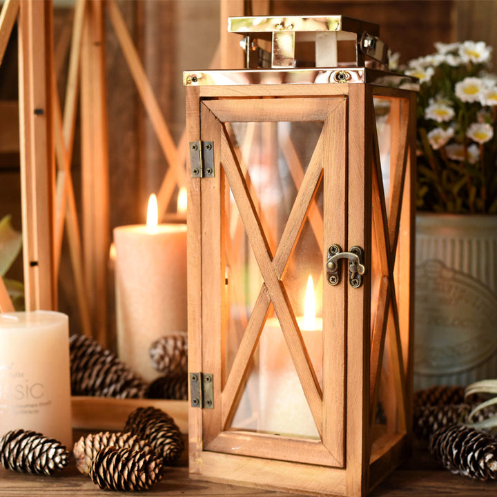 Handcrafted Cross-Frame Glass Lantern Candle Case with Hinged Door Bowlift