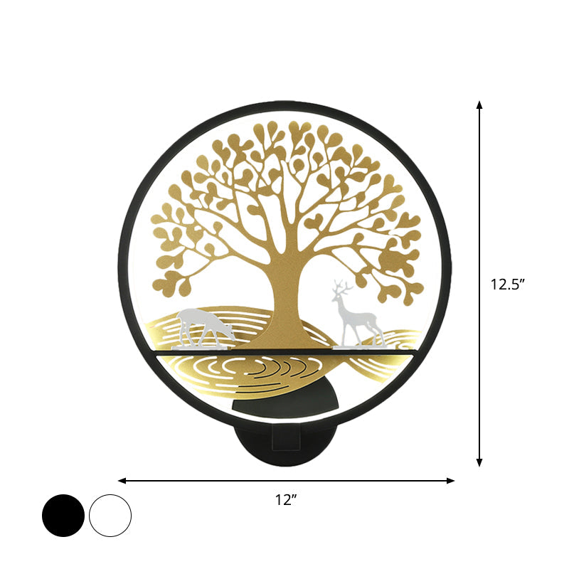 BowLift | Black/White Round Tree Wall-Mounted Lamp Postmodern LED Metal Wall Light for Nightstand, Warm/White Light