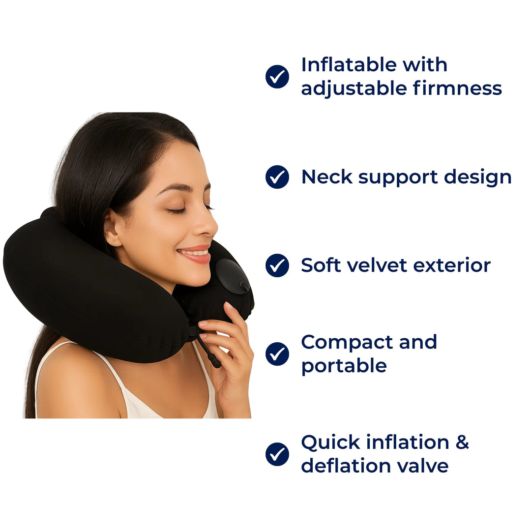 TravelThrive | Inflatable Travel Neck Pillow – Adjustable Firmness – Soft Velvet Cover – Neck Pain Relief – Compact for All Journeys Bowlift