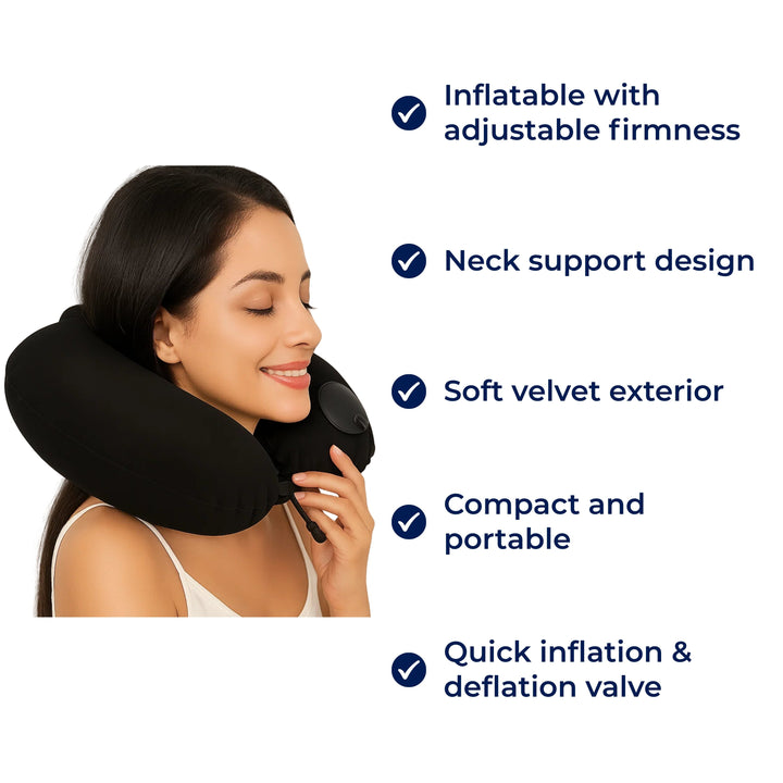 TravelThrive | Inflatable Travel Neck Pillow – Adjustable Firmness – Soft Velvet Cover – Neck Pain Relief – Compact for All Journeys Bowlift