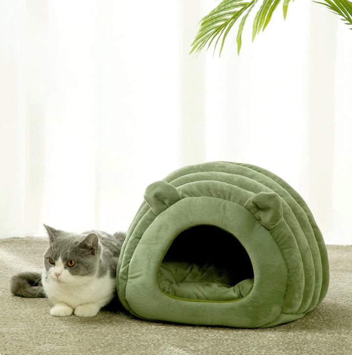 BowLift | 2-in-1 Foldable & Washable Velvet Self-Warming Cave/Nest with Sleeping Bed for Cats and Small Dogs, Suitable for Indoor or Outdoor (Green)