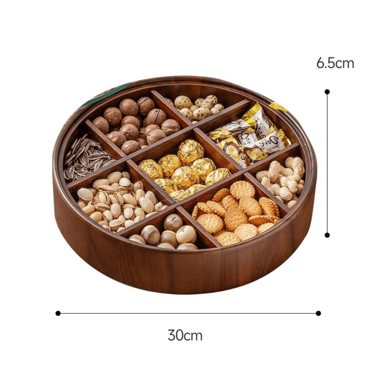 BowLift | BambooSpin – 9-Compartment Serving Tray with Rotating Lid | Premium Bamboo Snack Platter