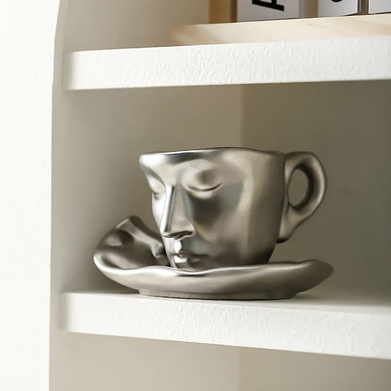 Metal Touching Face Creative Ceramic Kiss Coffee Cup, Artistic Vibe Mug & Saucer Set | Bowlift