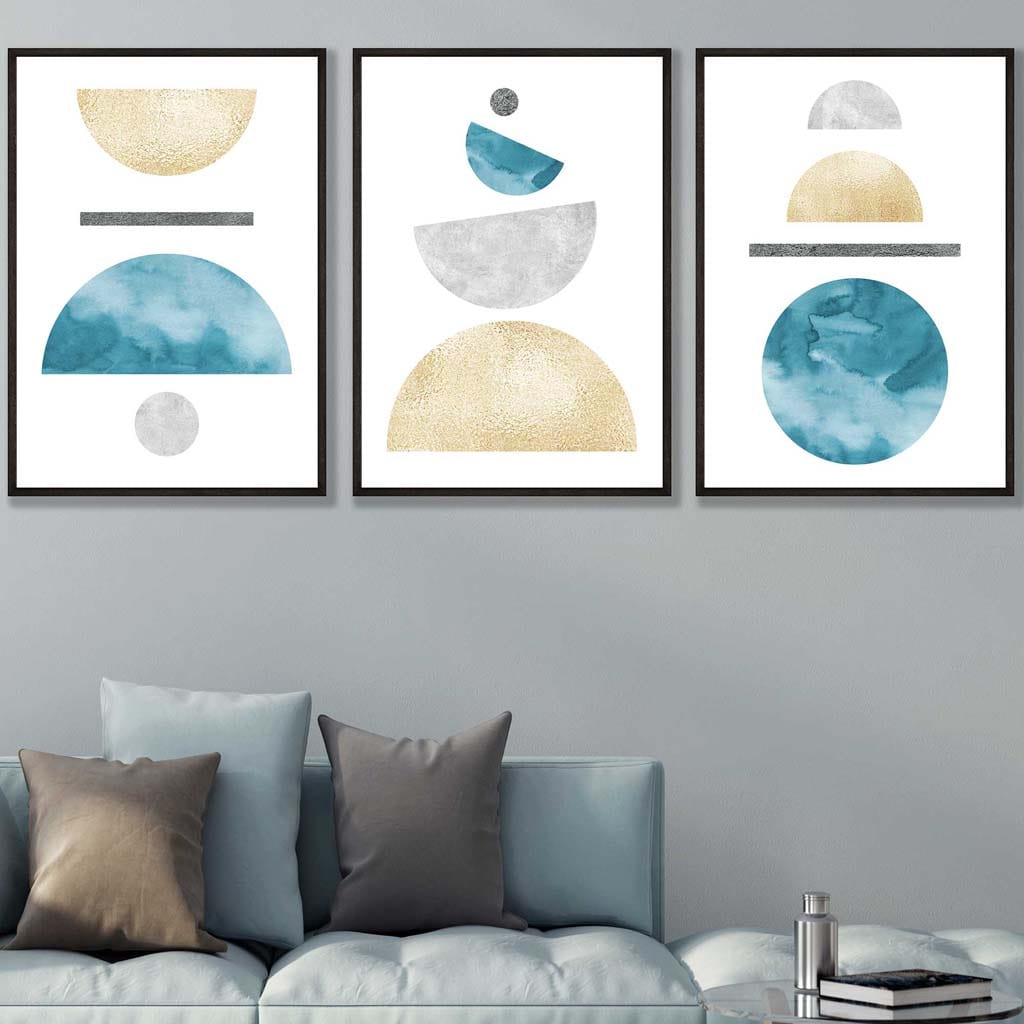 Aqua Blue, Gold and Gray Geometric Art Prints | Bowlift