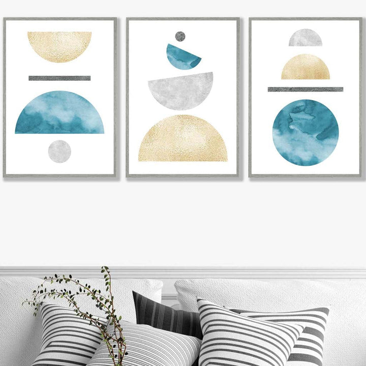 Aqua Blue, Gold and Gray Geometric Art Prints | Bowlift