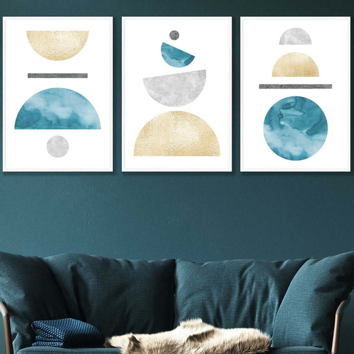 Aqua Blue, Gold and Gray Geometric Art Prints | Bowlift