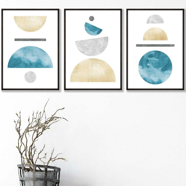 Aqua Blue, Gold and Gray Geometric Art Prints | Bowlift