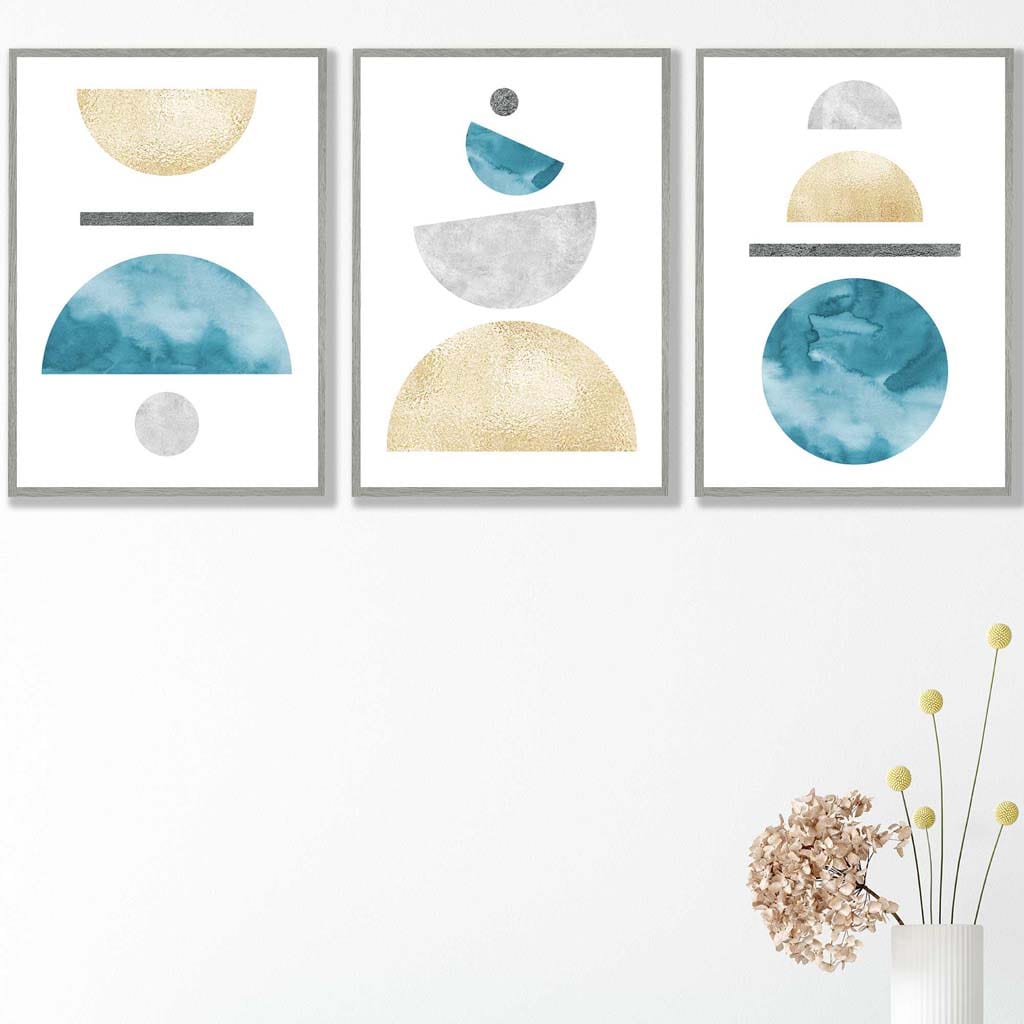 Aqua Blue, Gold and Gray Geometric Art Prints | Bowlift