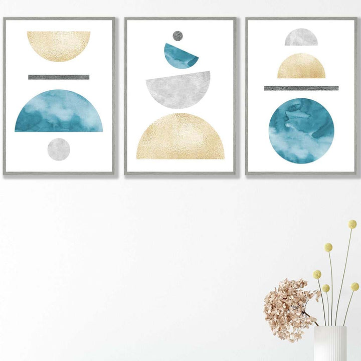 Aqua Blue, Gold and Gray Geometric Art Prints | Bowlift