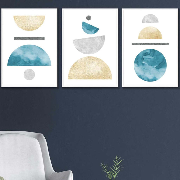 Aqua Blue, Gold and Gray Geometric Art Prints | Bowlift