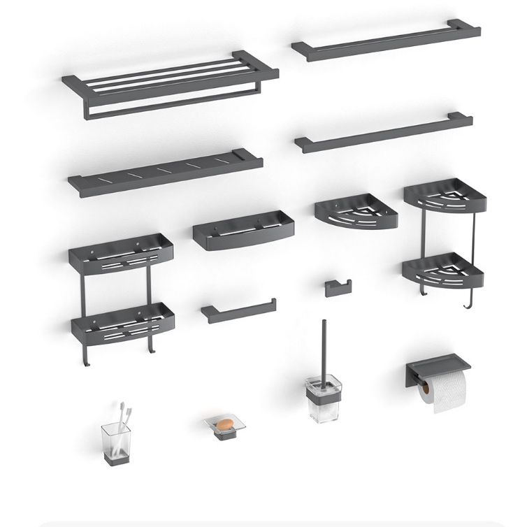 BowLift | Gray contemporary bathroom accessory set Brushed gray bath shelf/toilet paper holder/towel bar