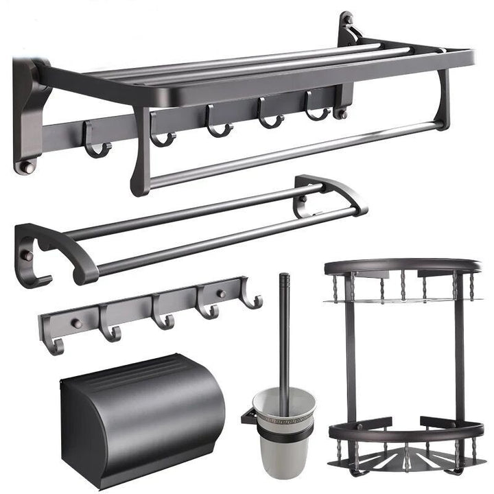 BowLift | Modern 5/6-piece bathroom accessory set with bathroom shelf/robe hooks/towel bar
