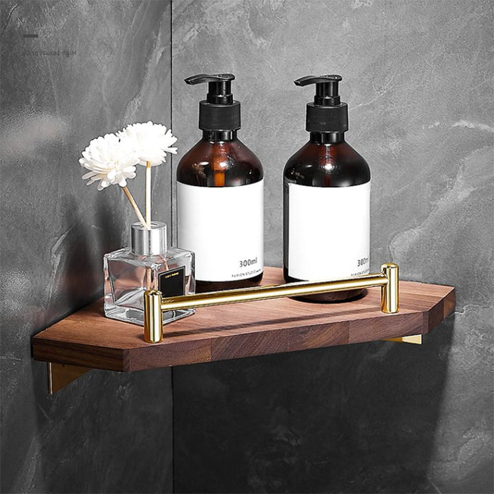 BowLift | Polished Brass Bathroom Hardware Set Metal & Wood Bathroom Set with Bath Shelf/Towel Bar