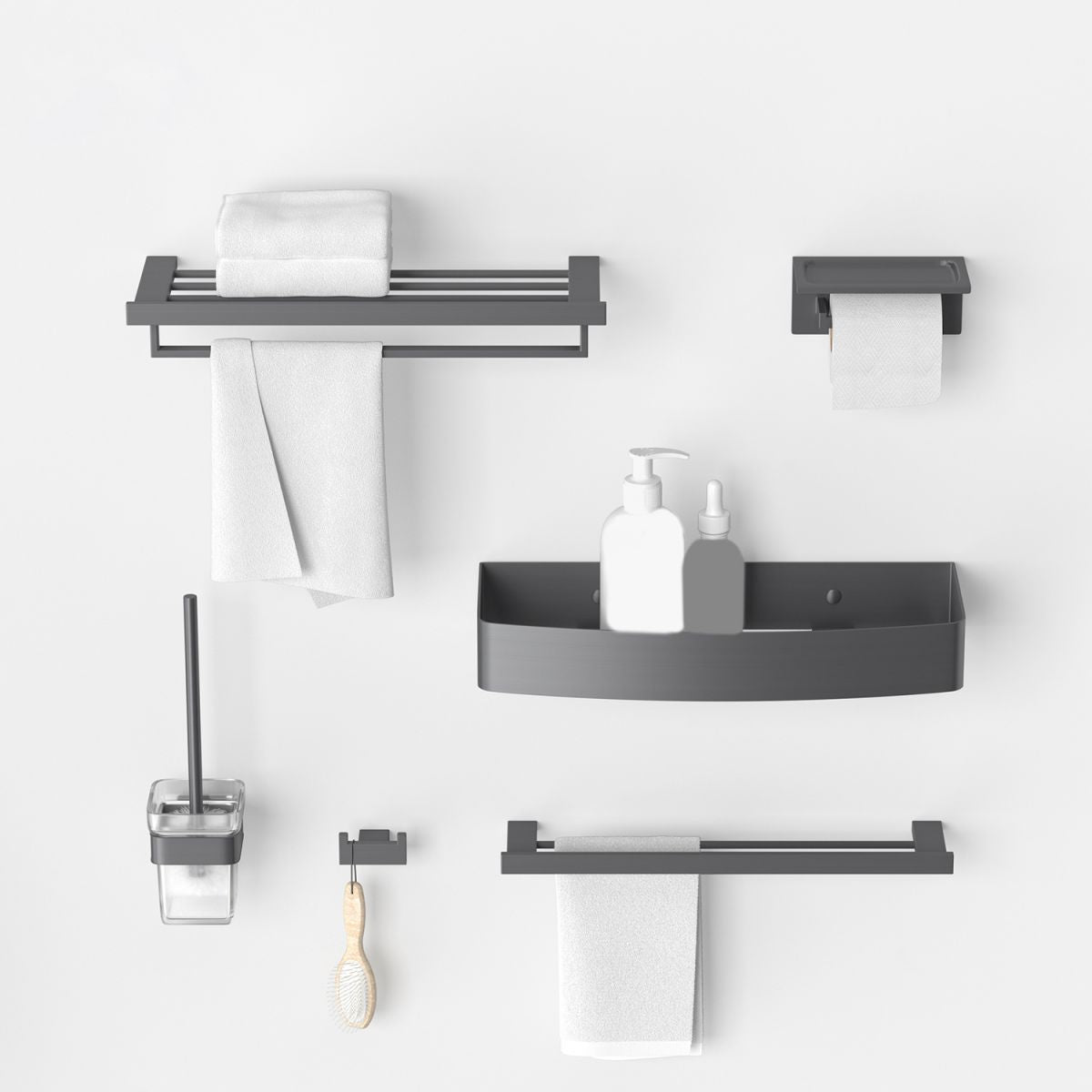 BowLift | Gray contemporary bathroom accessory set Brushed gray bath shelf/toilet paper holder/towel bar