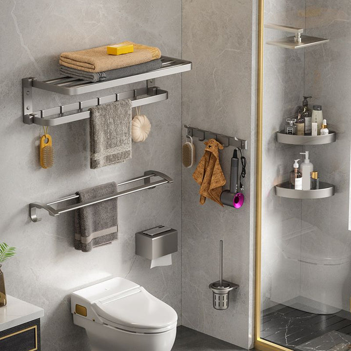 BowLift | Modern Gray Bathroom Accessory Set Aluminum Stainless Steel Bathroom Shelf/Towel Hooks/Towel Bar
