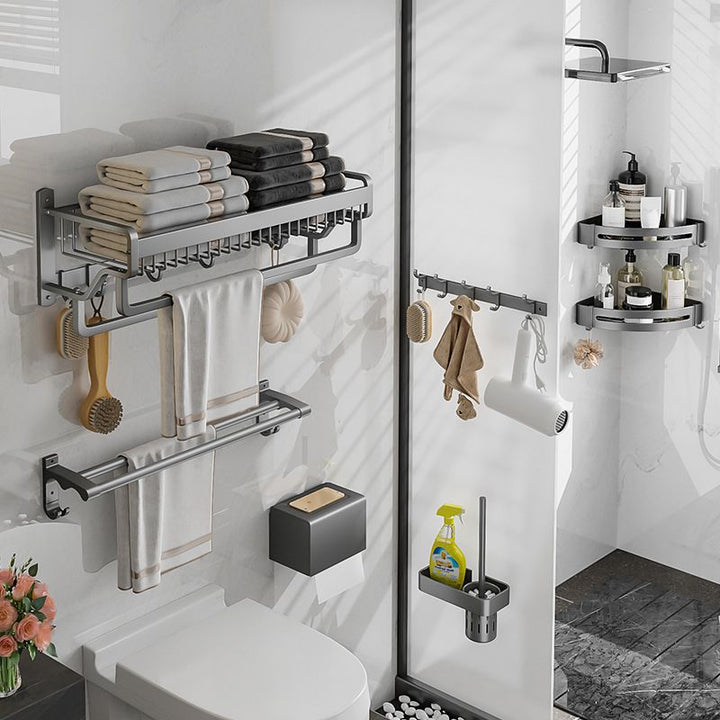 BowLift | Modern Metal Bath Accessory Set Polished Silver Bath Shelf/Paper Holder/Towel Hook