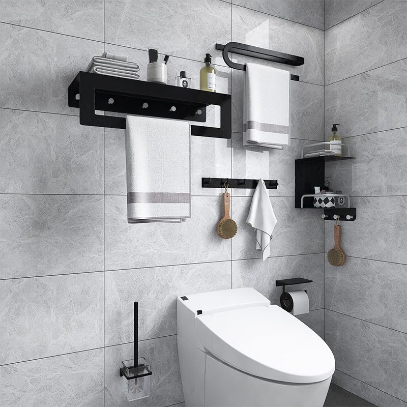 BowLift | Black 6-piece Bathroom Accessory Set Modern Shower Curtain Rod / Bathrobe Hooks and Towel Bar