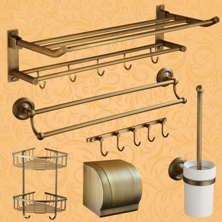 BowLift | Worn Brass Traditional Bathroom Set with Bath Shelf/Paper Holder & Towel Bar