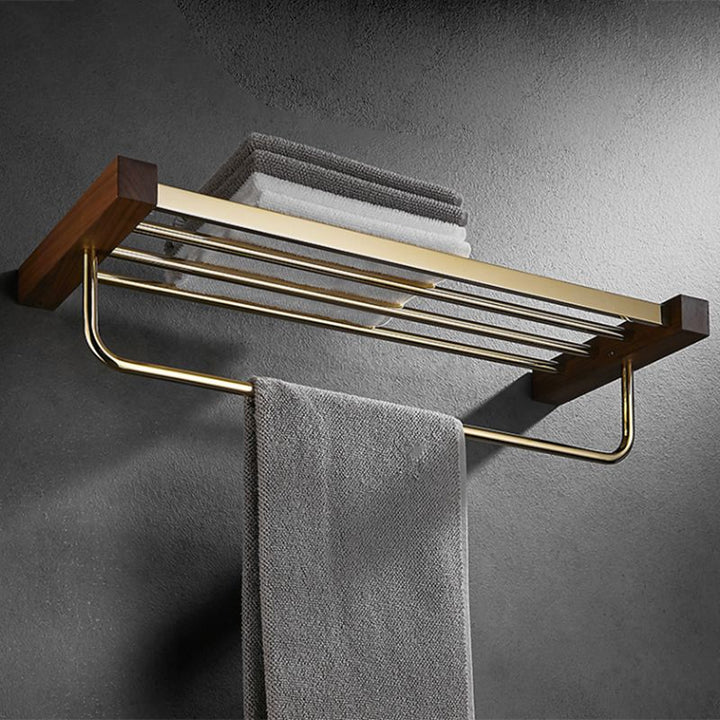 BowLift | Polished Brass Bathroom Hardware Set Metal & Wood Bathroom Set with Bath Shelf/Towel Bar