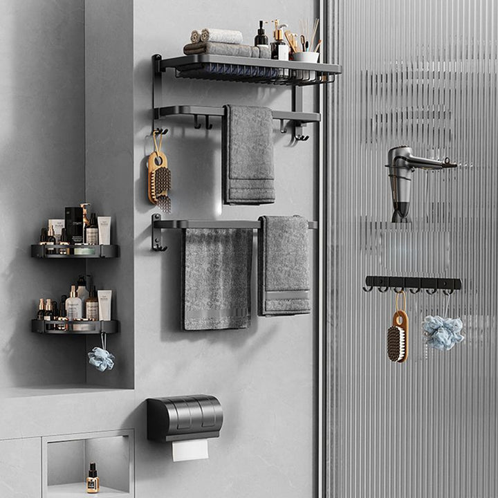BowLift | Minimalist black bathroom accessory set paper holder towel bar bath hardware set