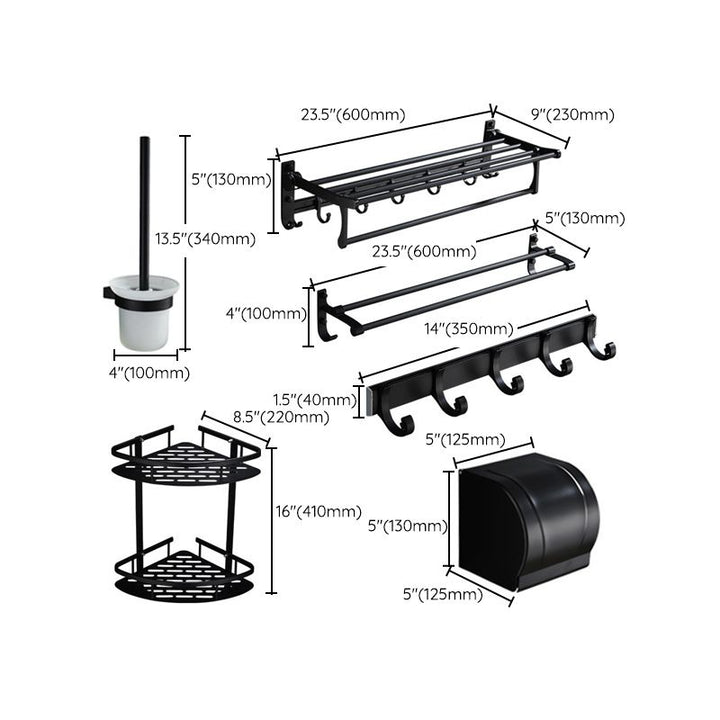 BowLift | 6-piece modern bathroom hardware set in matte black with bathroom shelf/towel holder & bathrobe hooks