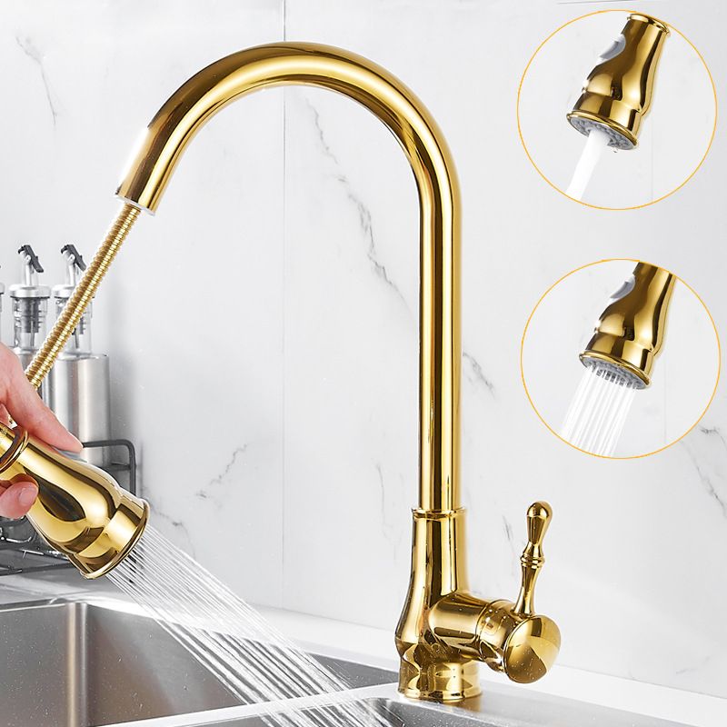 BowLift | Brushed Gold Kitchen Faucet High Arc Swivel Spout with Pull-Down Spray Head