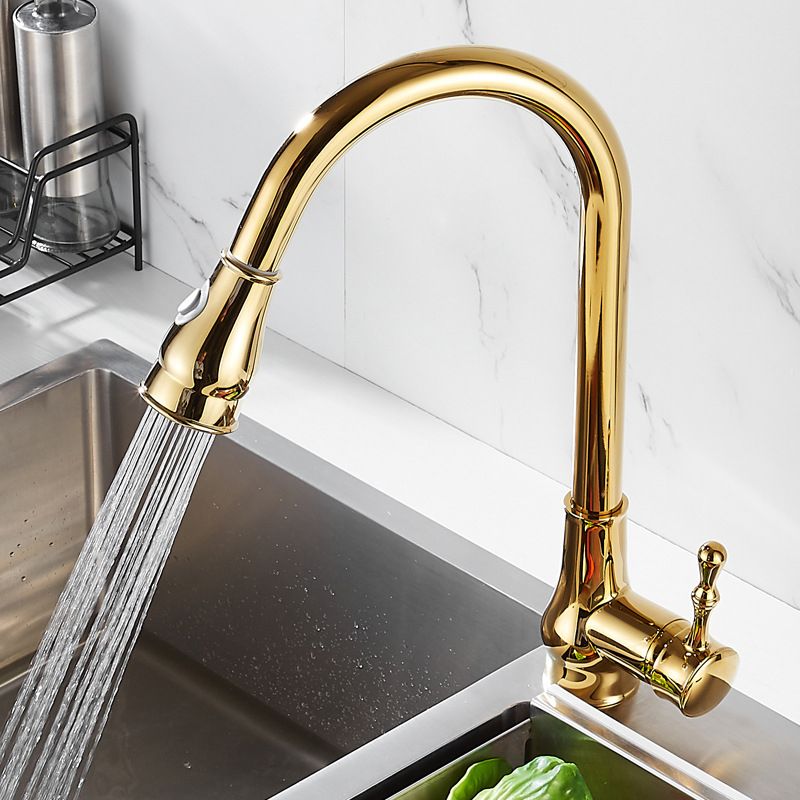 BowLift | Brushed Gold Kitchen Faucet High Arc Swivel Spout with Pull-Down Spray Head
