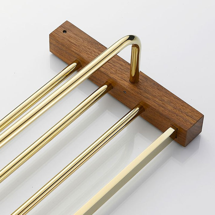 BowLift | Polished Brass Bathroom Hardware Set Metal & Wood Bathroom Set with Bath Shelf/Towel Bar
