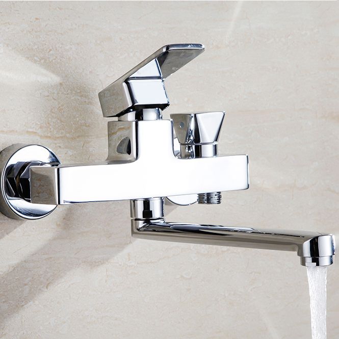 BowLift | Chrome polished bathroom faucet wall-mounted with swivel spout and hand shower