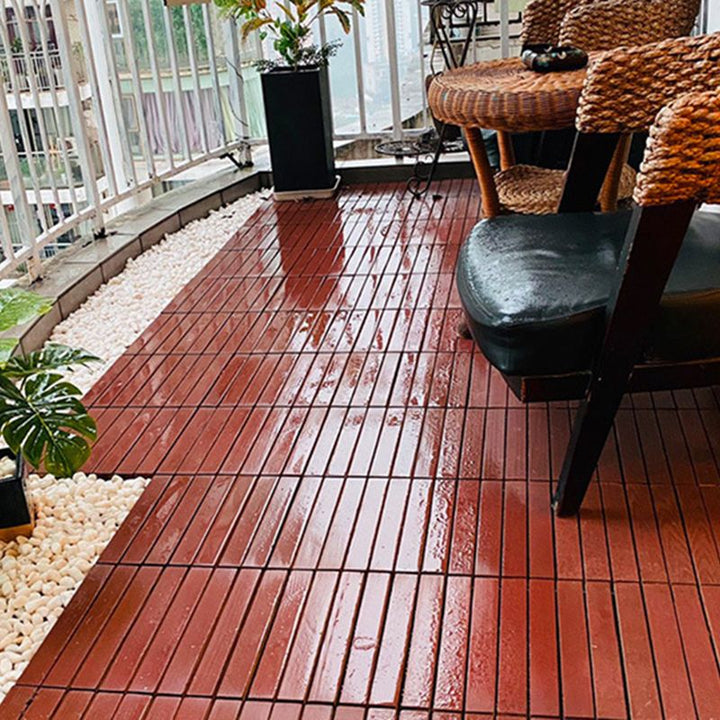 BowLift | Red 6-Slat Square Wood Deck Tiles Snap-Fit Installation Floor Tiles