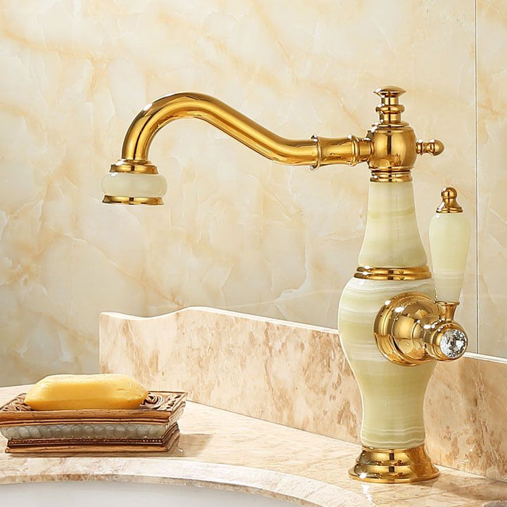 BowLift | Deck Mounted Copper Tub Faucet Low Arc Roman Tub Faucet Set with Jade