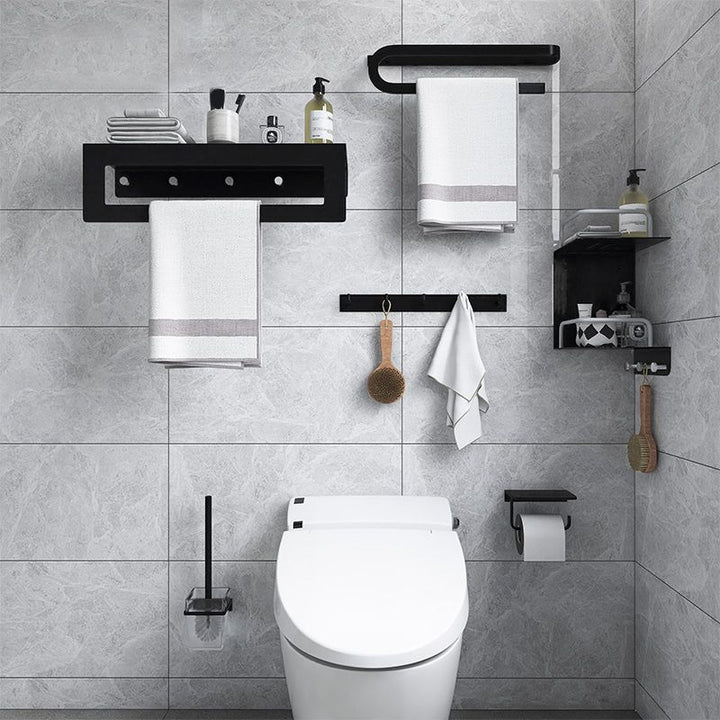 BowLift | Black 6-piece Bathroom Accessory Set Modern Shower Curtain Rod / Bathrobe Hooks and Towel Bar