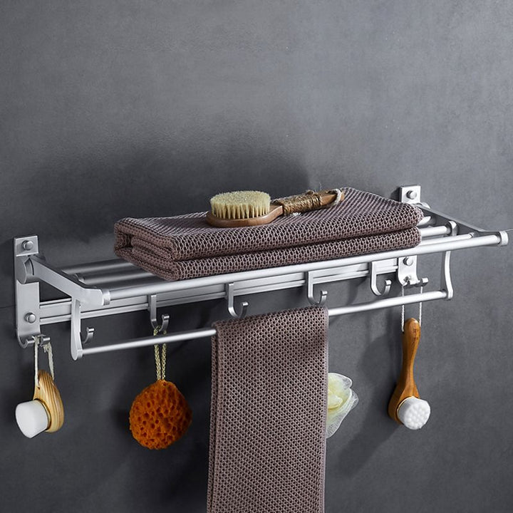 BowLift | Silver Modern Bathroom Accessory Set with Bath Shelf/Towel Rack & Bathrobe Hook