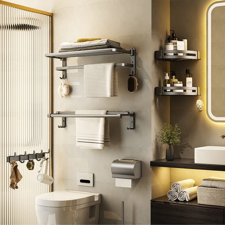 BowLift | Contemporary Bathroom Accessory Set Gray Aluminum Bathroom Shelf/Towel Rack/Bathtub Hook