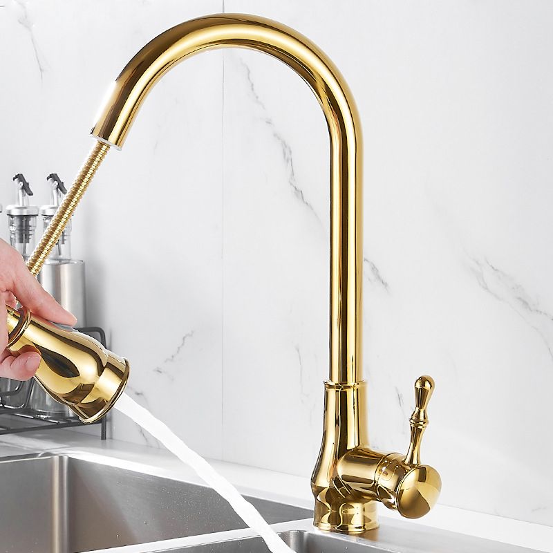 BowLift | Brushed Gold Kitchen Sink Faucet High Arc Swivel Spout with Pull-Down Spray Head