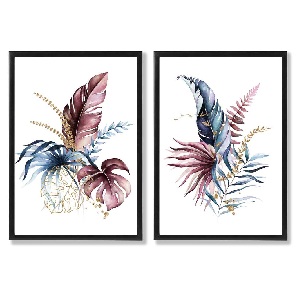 Abstract Pink, Blue Botanical Leaves Framed Set of 2 Art Prints | Bowlift