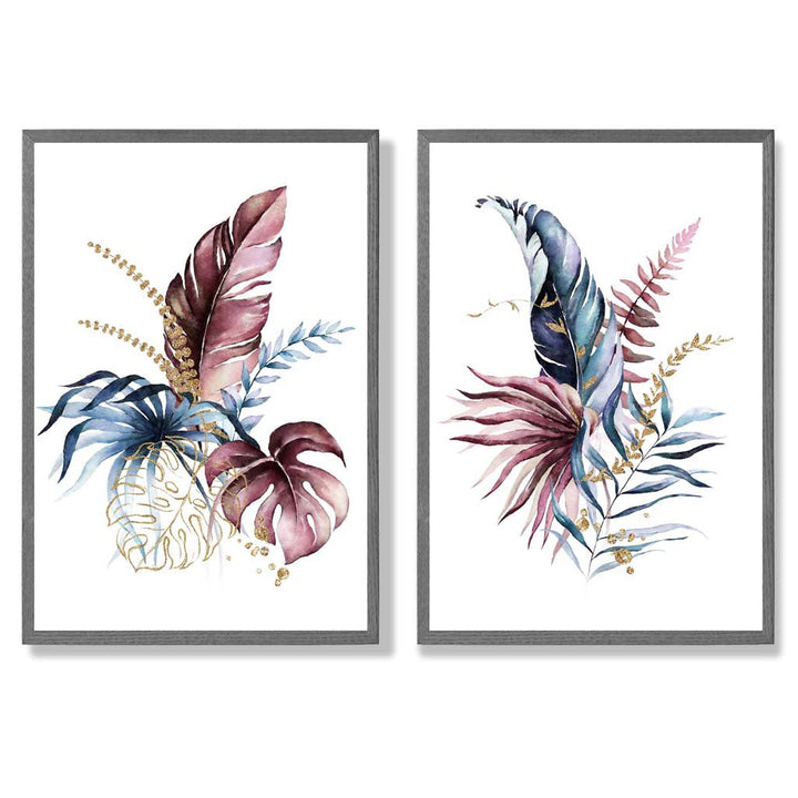 Abstract Pink, Blue Botanical Leaves Framed Set of 2 Art Prints | Bowlift