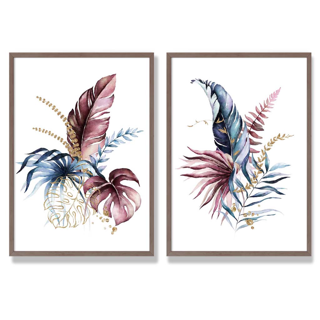 Abstract Pink, Blue Botanical Leaves Framed Set of 2 Art Prints | Bowlift